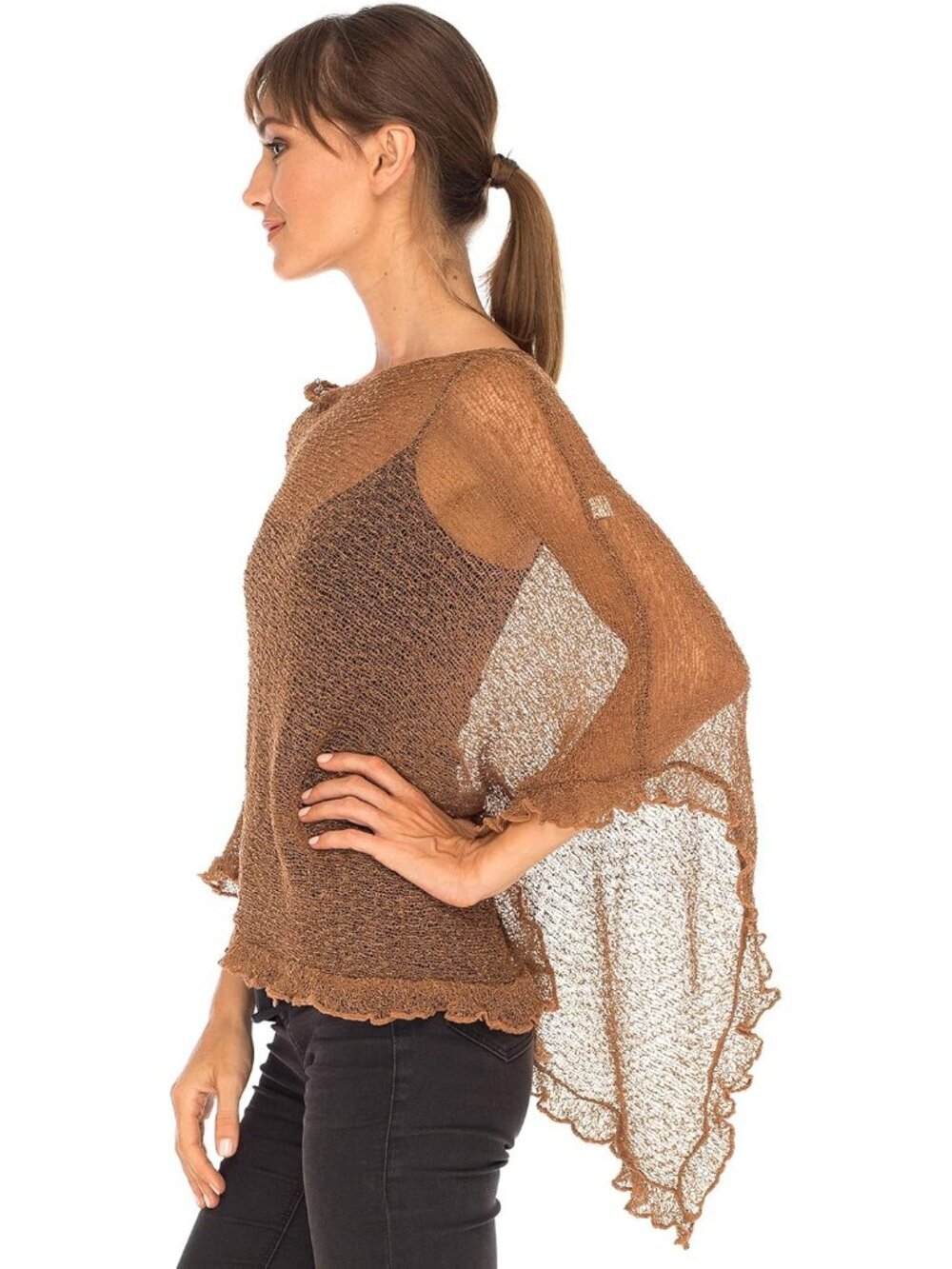 〽️Women’s Toffee Sheer Knit Poncho Shrug Lightweight Asymmetrical Ruffle Wraps